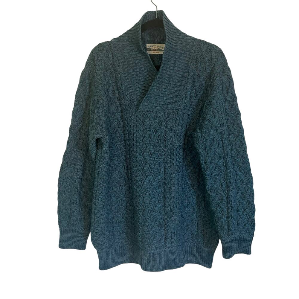 Arancrafts Women's Blue & Gray Chunky Fishermans Sweater Merino Wool Ireland XL